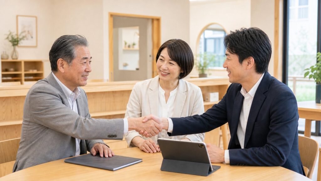 後継者不在の認可保育園承継について地域法人と相談する様子