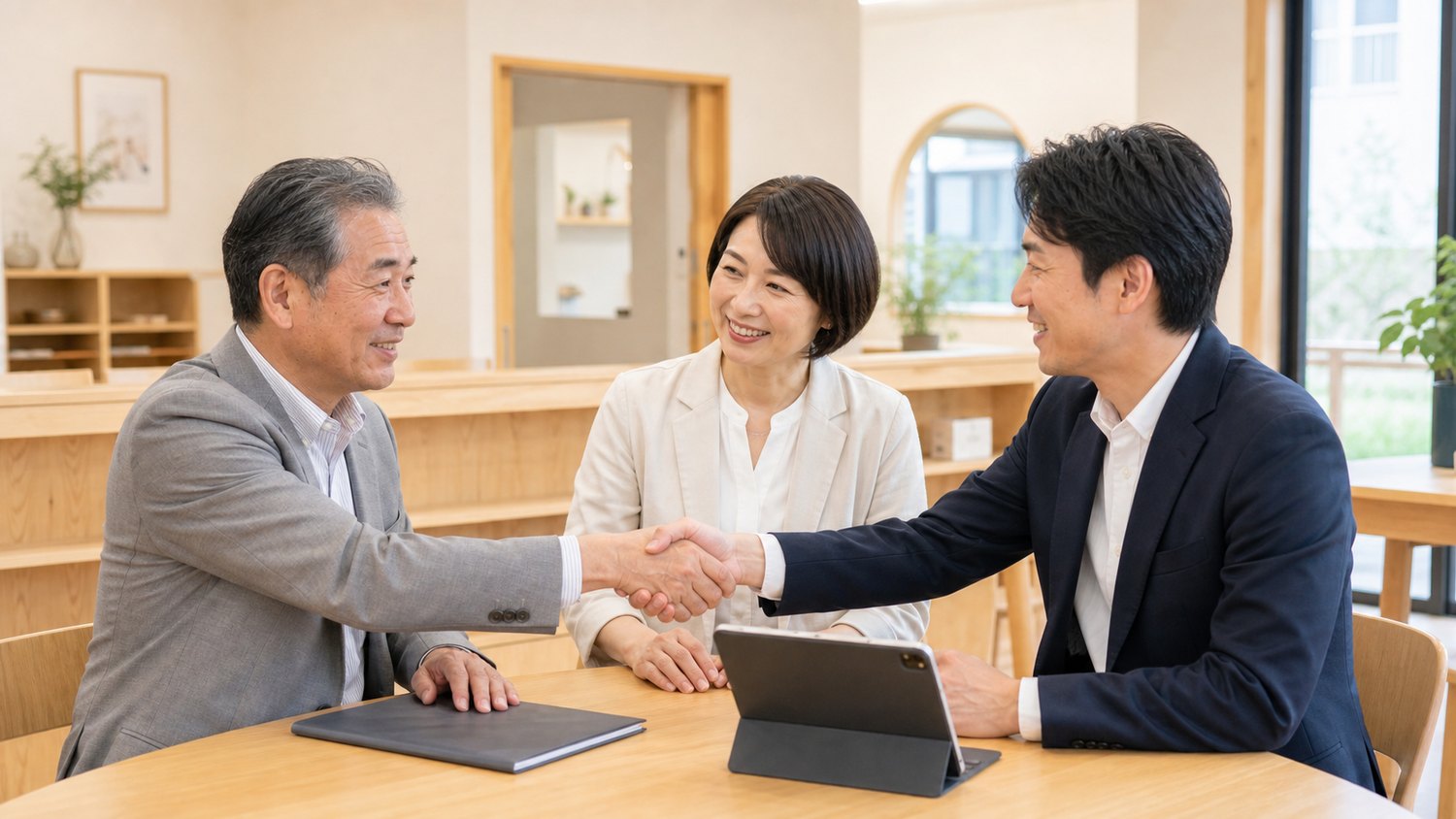 後継者不在の認可保育園承継について地域法人と相談する様子