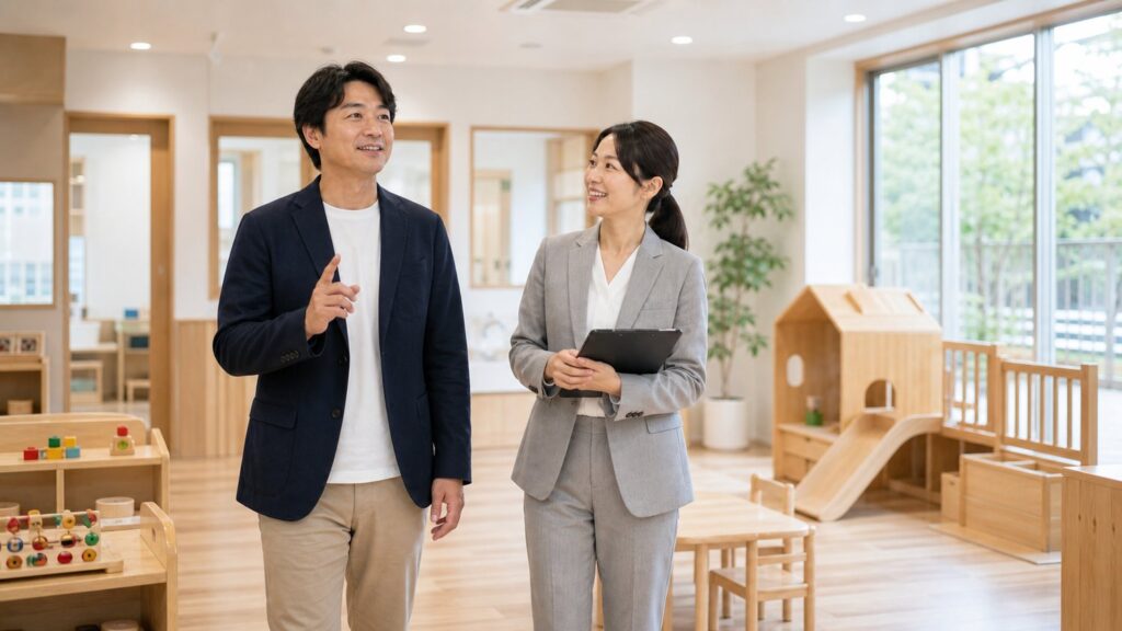 保育園の企業価値向上に向けて園内運営を確認する様子
