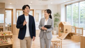 保育園の企業価値向上に向けて園内運営を確認する様子