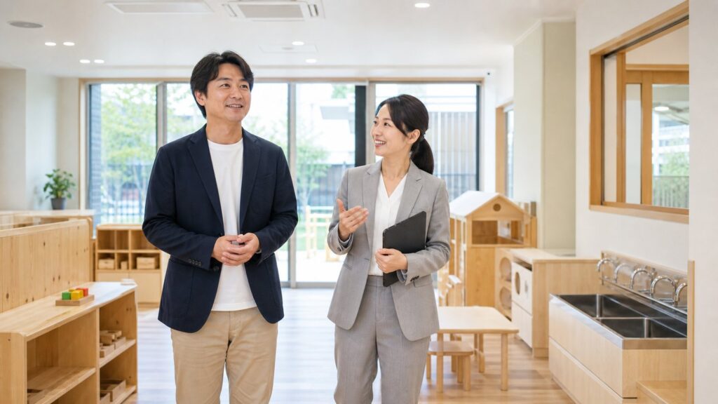 保育施設の承継確認として園内を見学する園長とM&Aアドバイザー