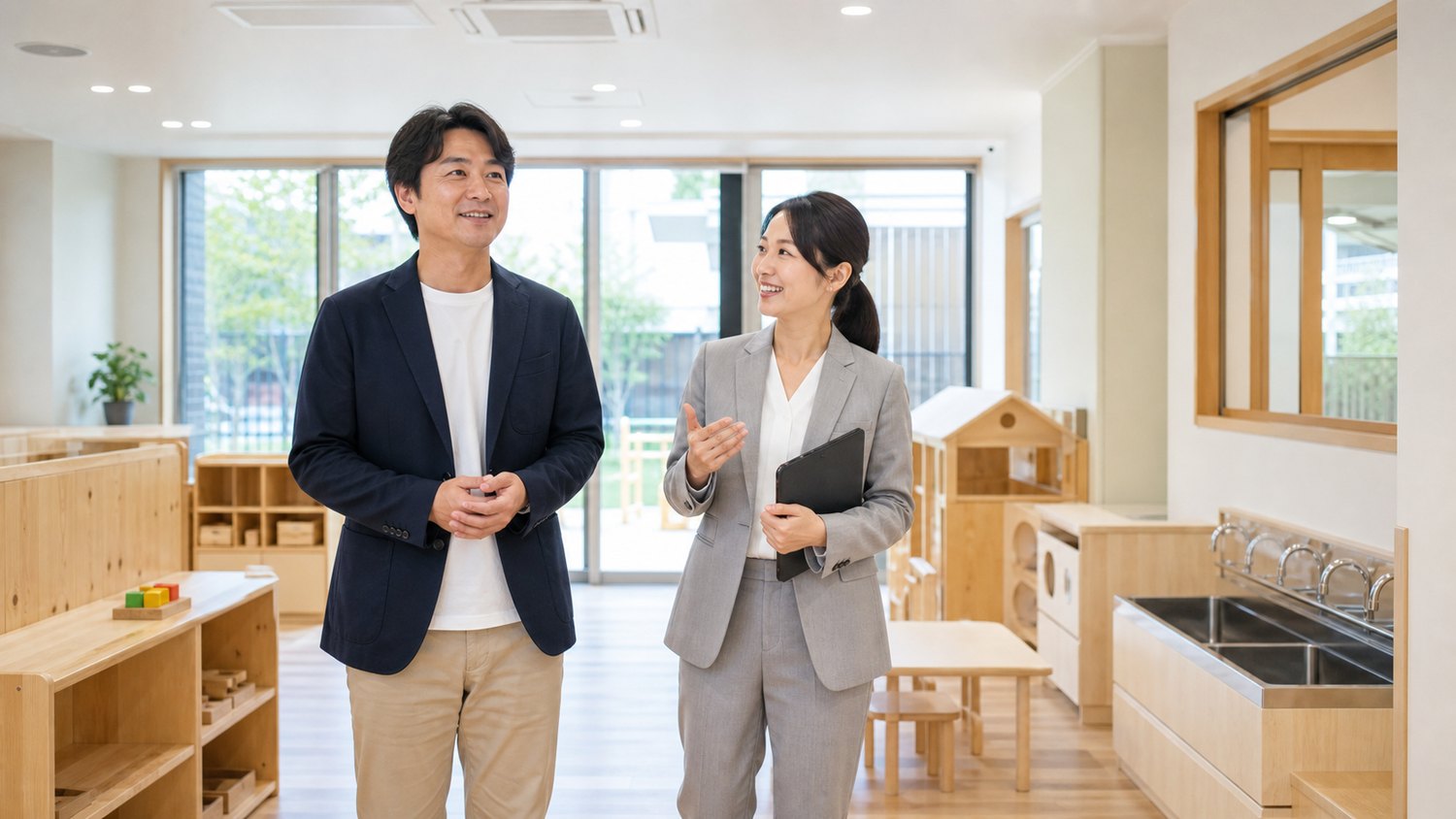 保育施設の承継確認として園内を見学する園長とM&Aアドバイザー
