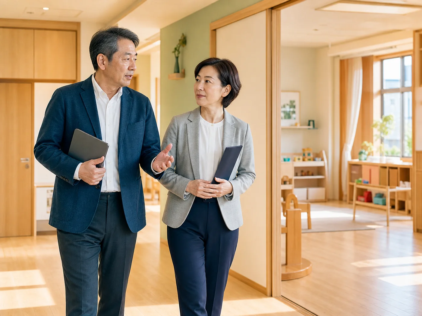 保育施設を確認しながら事業承継について相談する経営者とアドバイザー