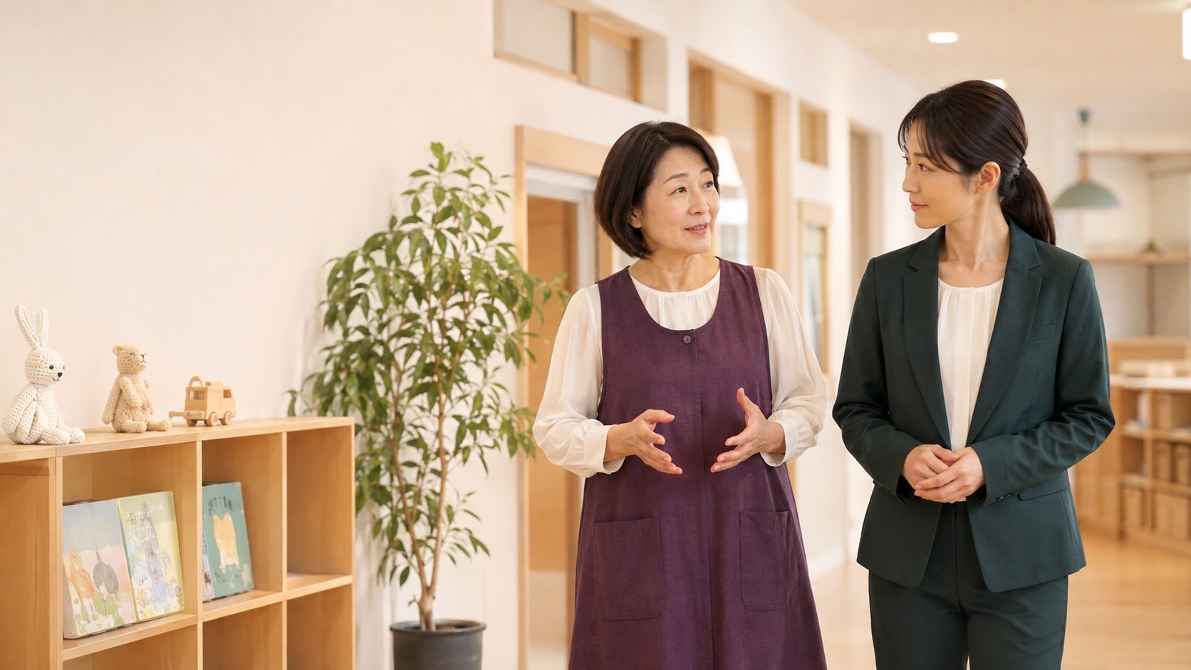明るい保育施設を確認しながら事業承継について話す園長とM&Aアドバイザー