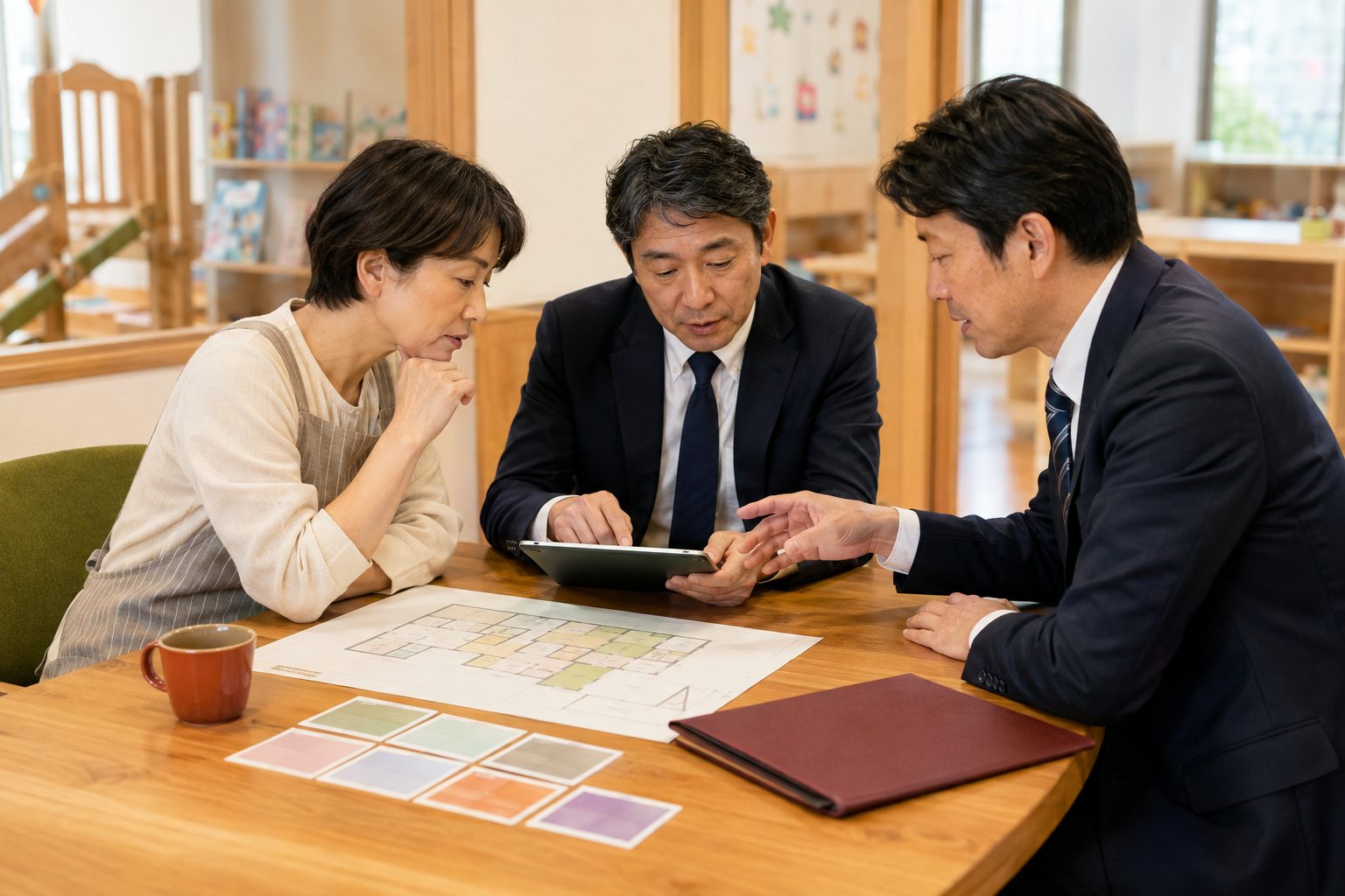 保育園の運営資料を確認し事業価値と承継条件を整理する経営者と専門家